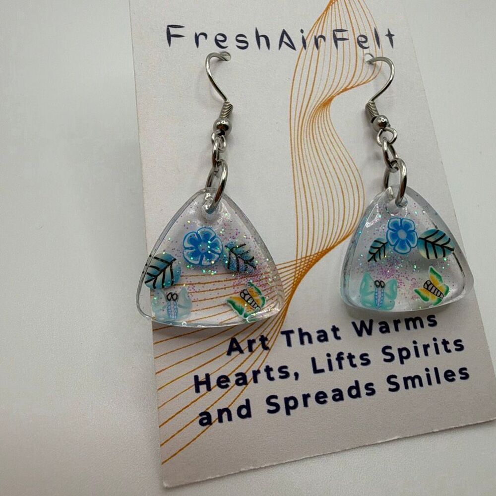 Fruit & butterfly sparkle Unique hand crafted Resin Stainless drop steel earring - Picture 2 of 3